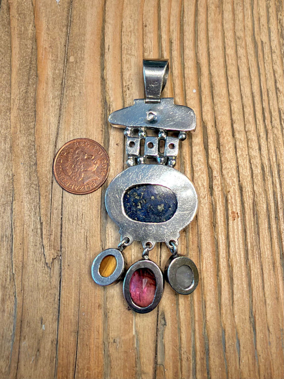 Large Multi Gemstone Lapis Mother of Pearl Moonstone Tigers Eye 925 Sterling Silver Pendant
