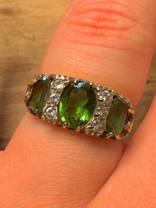 Vintage Green and White Stone Trilogy Gold on 925 Silver Size P Ring