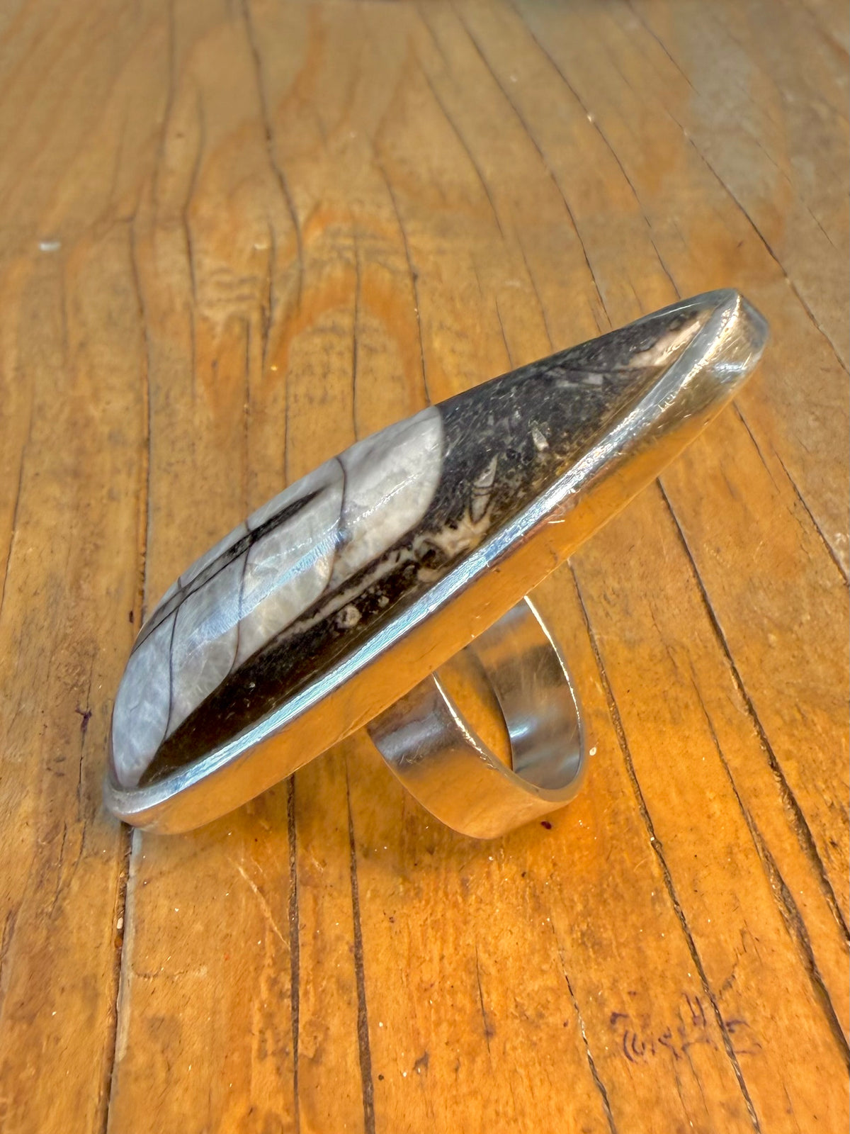 Large Orthoceras Fossil Black and White 925 Sterling Silver Size P Ring