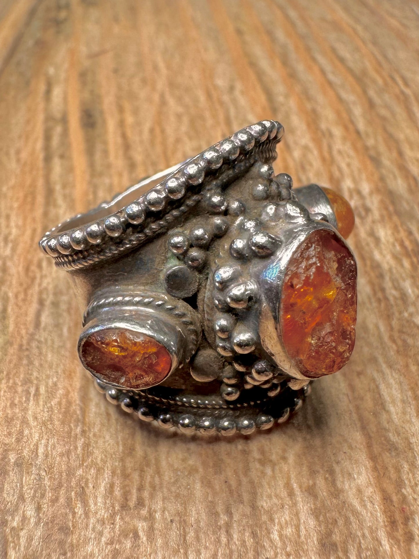 Vintage Raw Amber Bohemian Chunky 925 Sterling Silver Size N Ring