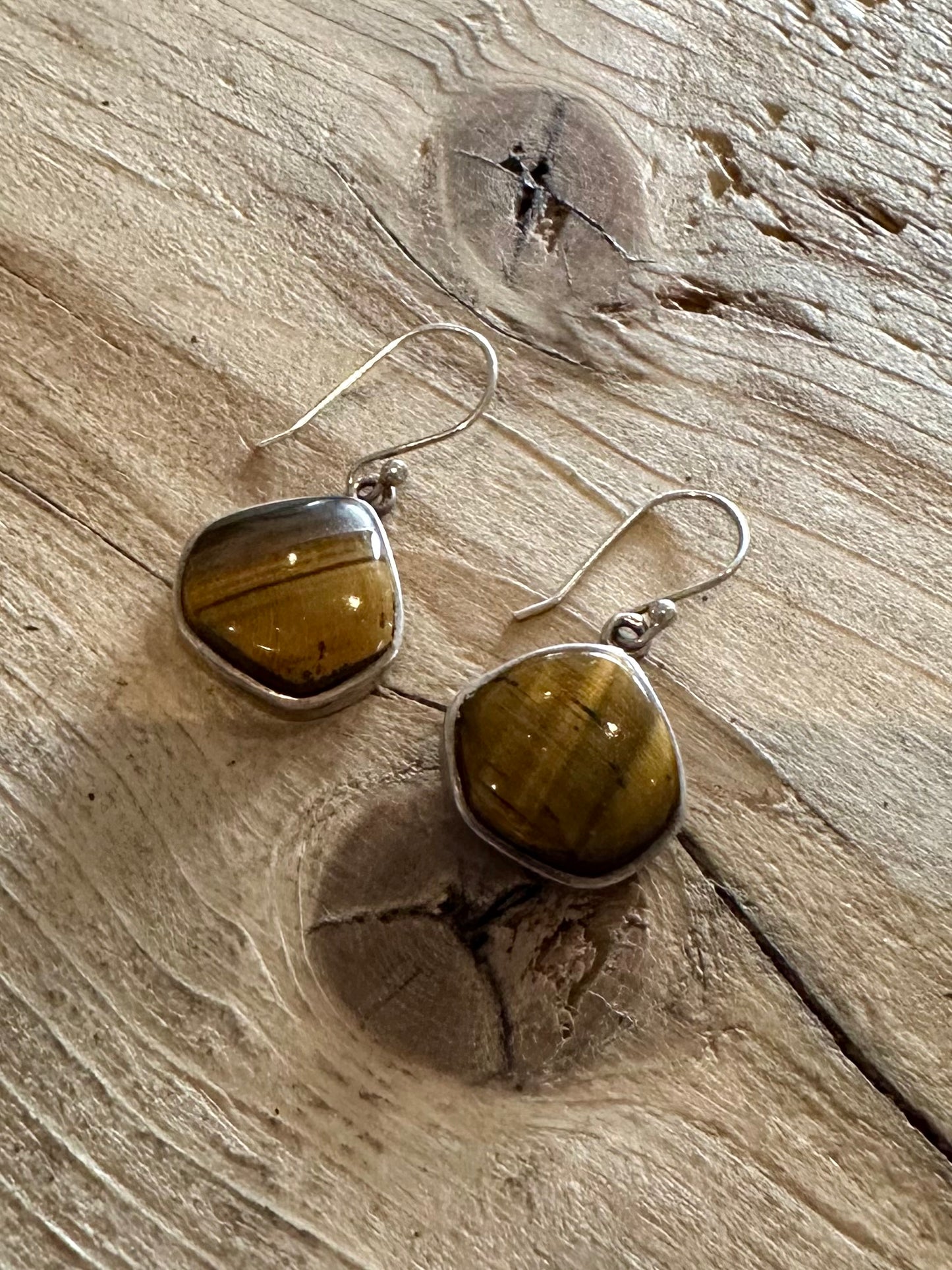 Abstract Tigers Eye Dangle 925 Silver Earrings