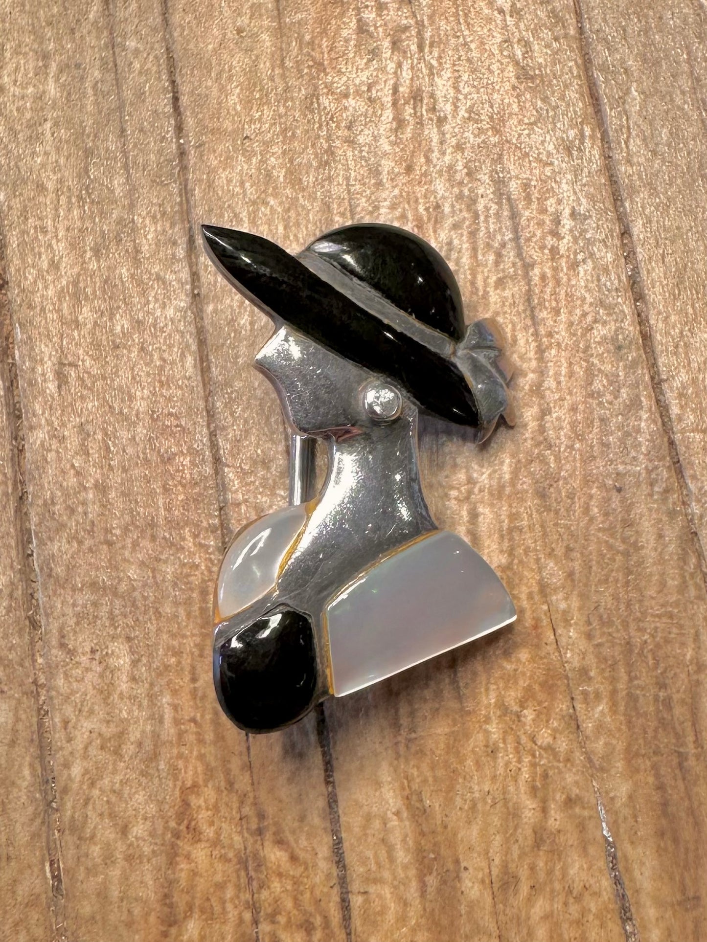 Vintage Art Deco Onyx und Perlmutt Damen Brosche aus 925er Sterlingsilber