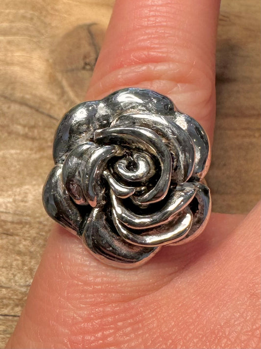 Modern Rose Flower 925 Silver Size L Ring