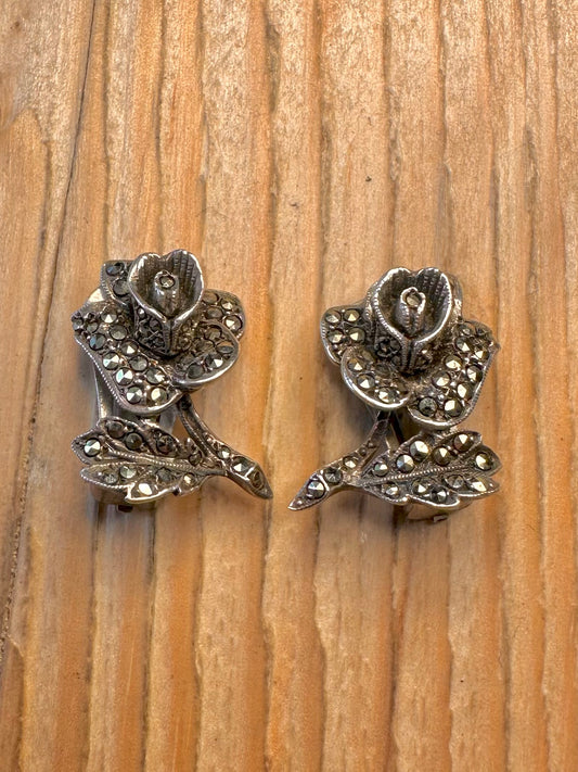 Vintage Rose Marcasite Clip On 925 Sterling Silver England Earrings