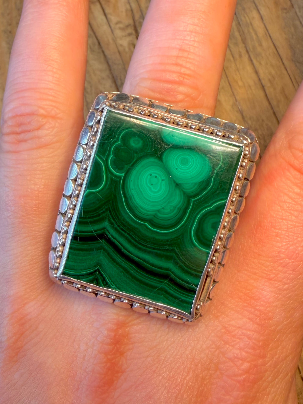 Large Rectangle Malachite Boho Border 925 Sterling Silver Size T1/2 Ring