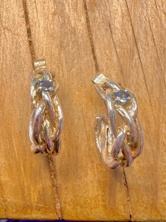 Abstract 1993 Twisted Blue Stone Hoops 925 Sterling Silver Earrings