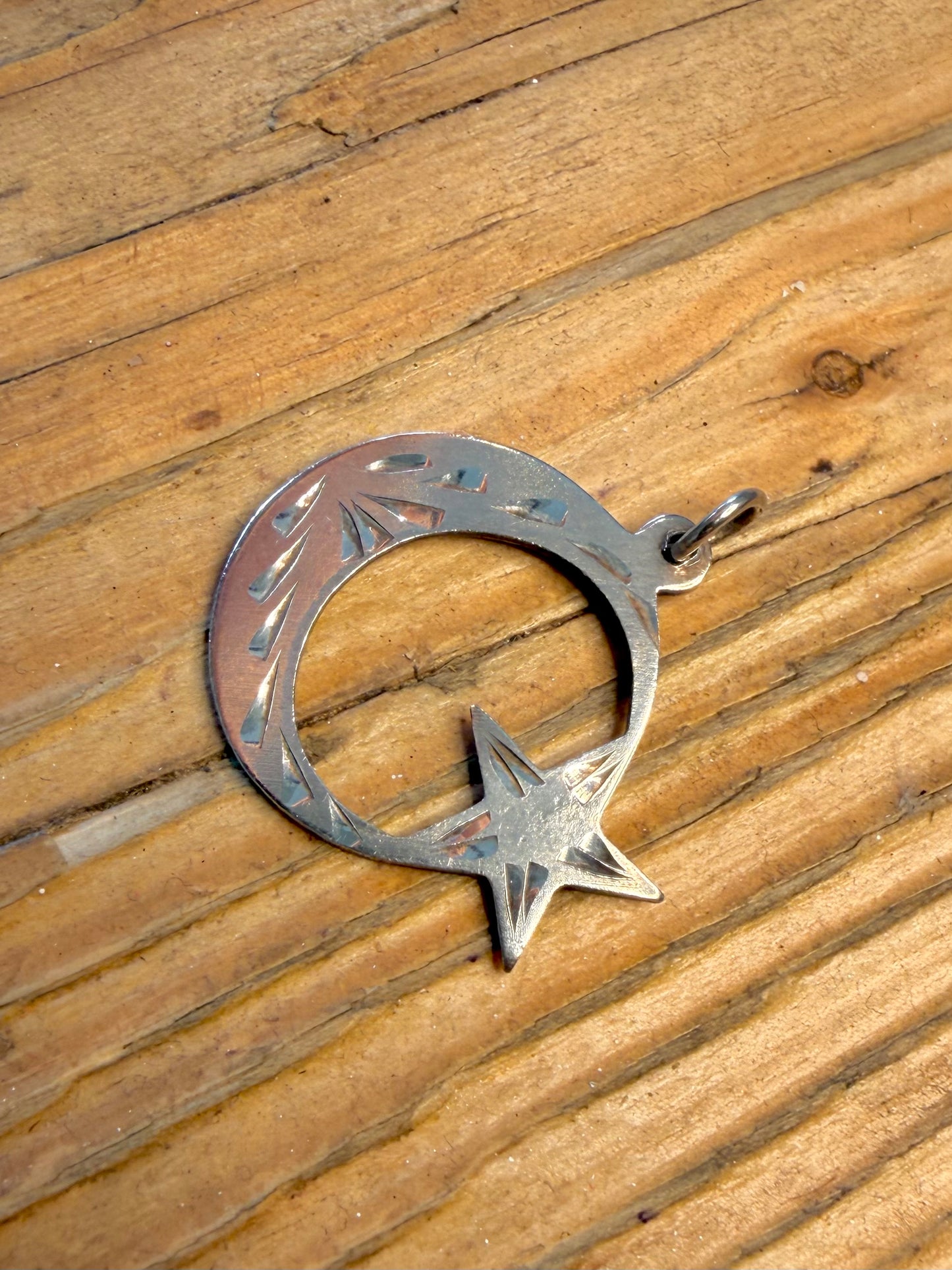 Crescent Moon and Star Engraved 925 Sterling Silver Pendant