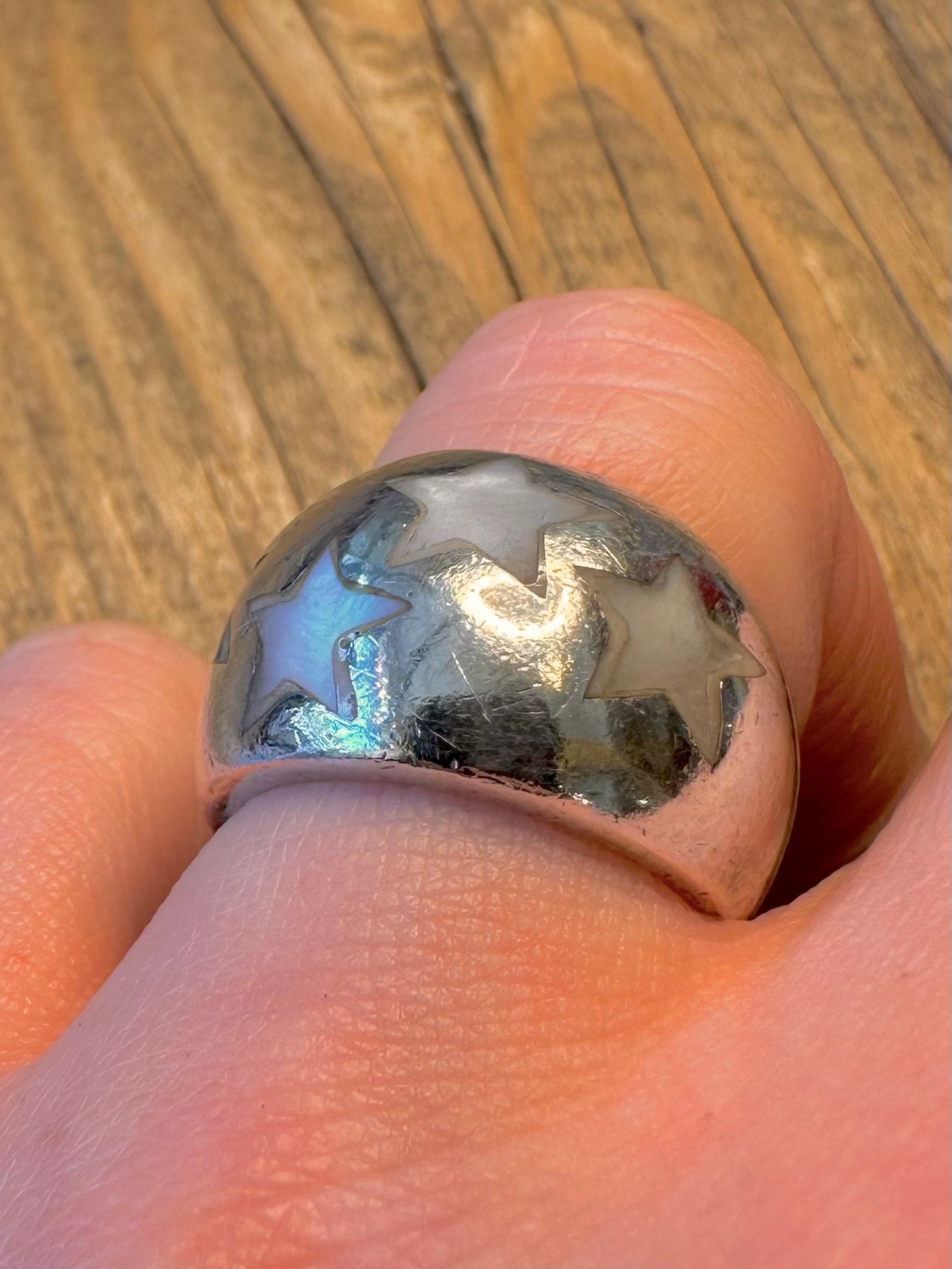 Mother of Pearl Stars Dome 925 Sterling Silver Size O1/2 Ring