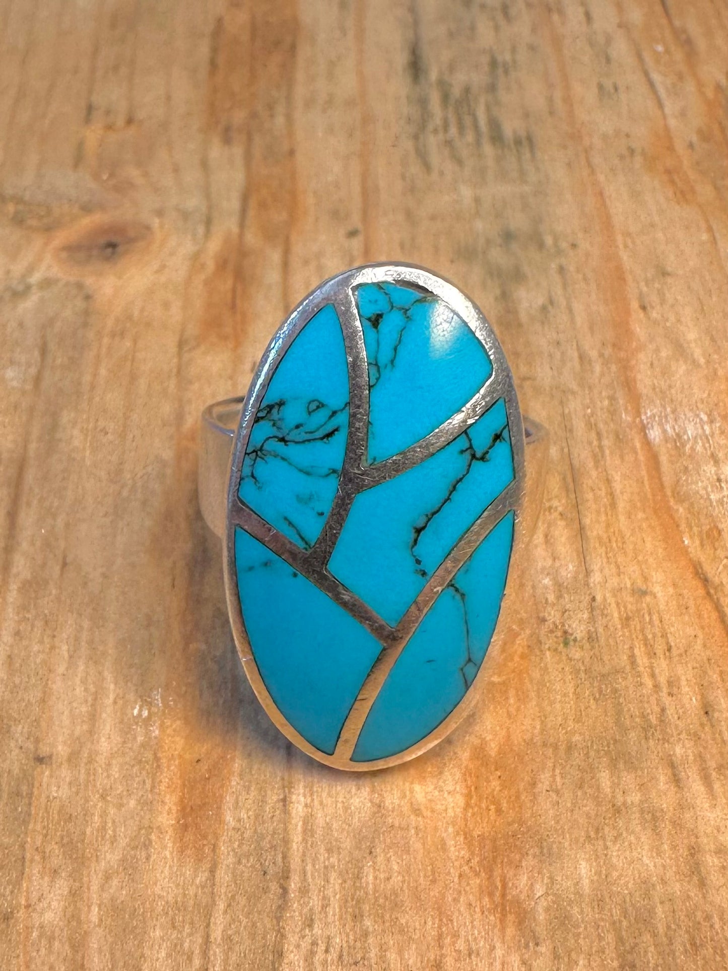 Howlite Mosiac Oval 925 Sterling Silver Size P Ring