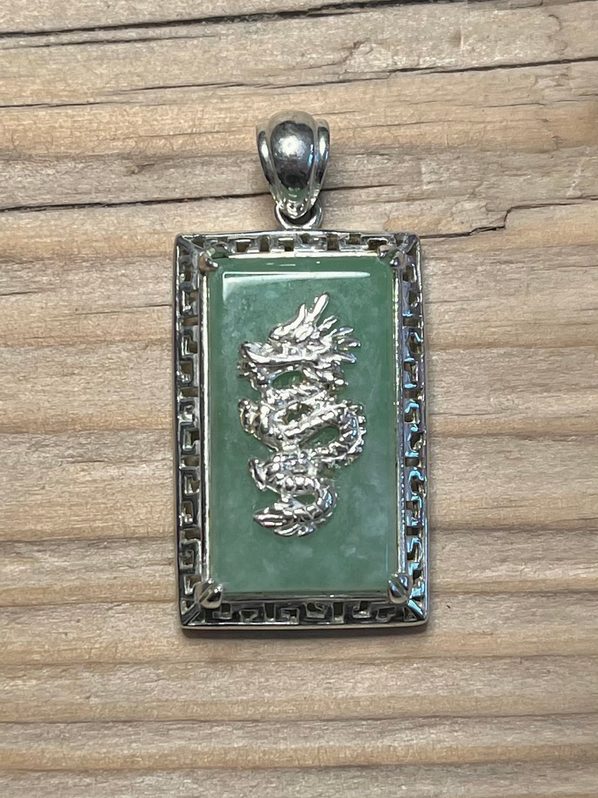 Rectangular Jade Dragon 925 Sterling Silver Pendant