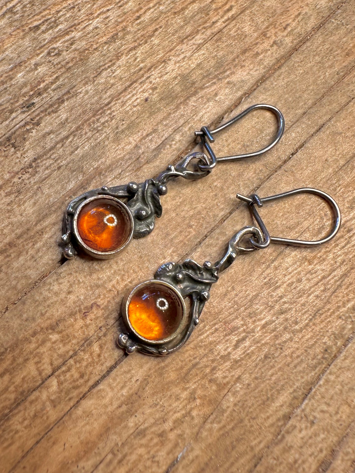 Vintage Amber Ornate 925 Sterling Silver Earrings