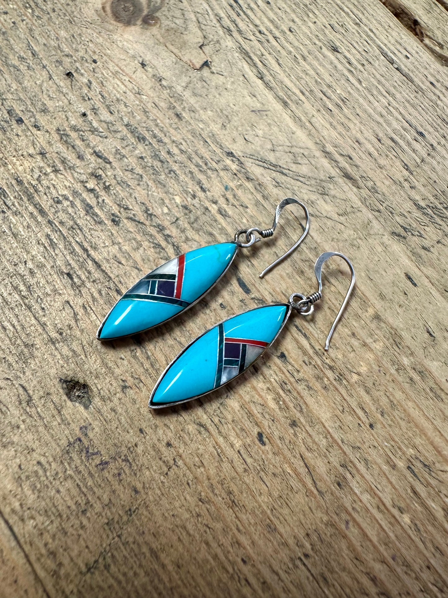 Vintage Zuni Navajo Dangle Turquoise 925 Silver Earrings