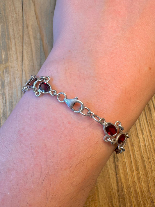 Garnet Red Link 925 Sterling Silver 7.5 inch Bracelet