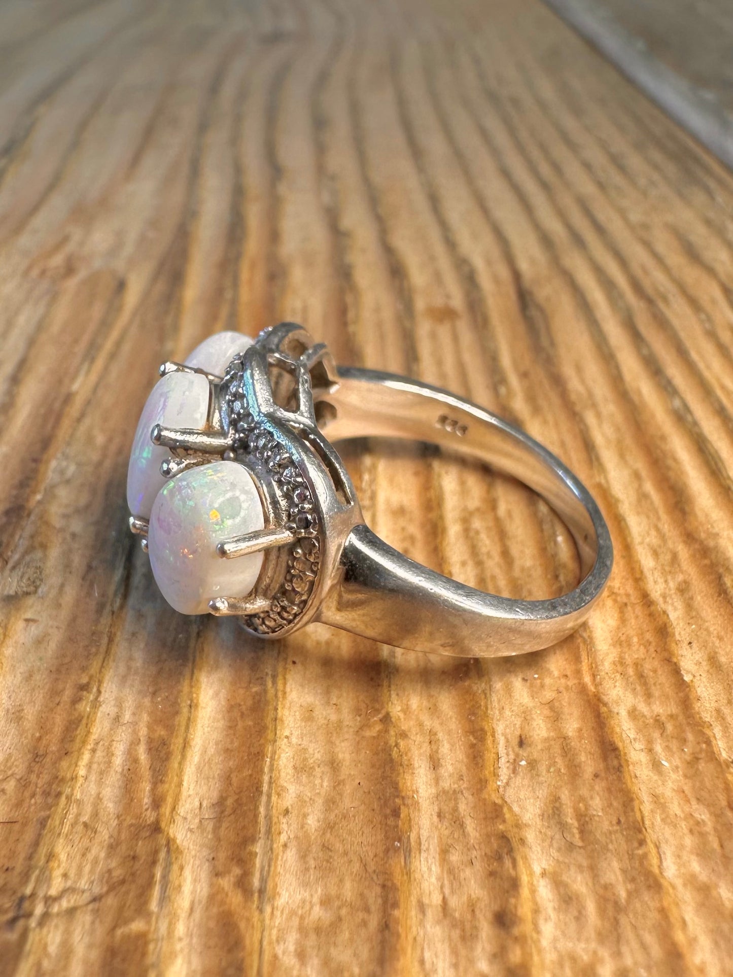 Three Opal Ornate 925 Sterling Silver Size O1/2 Ring
