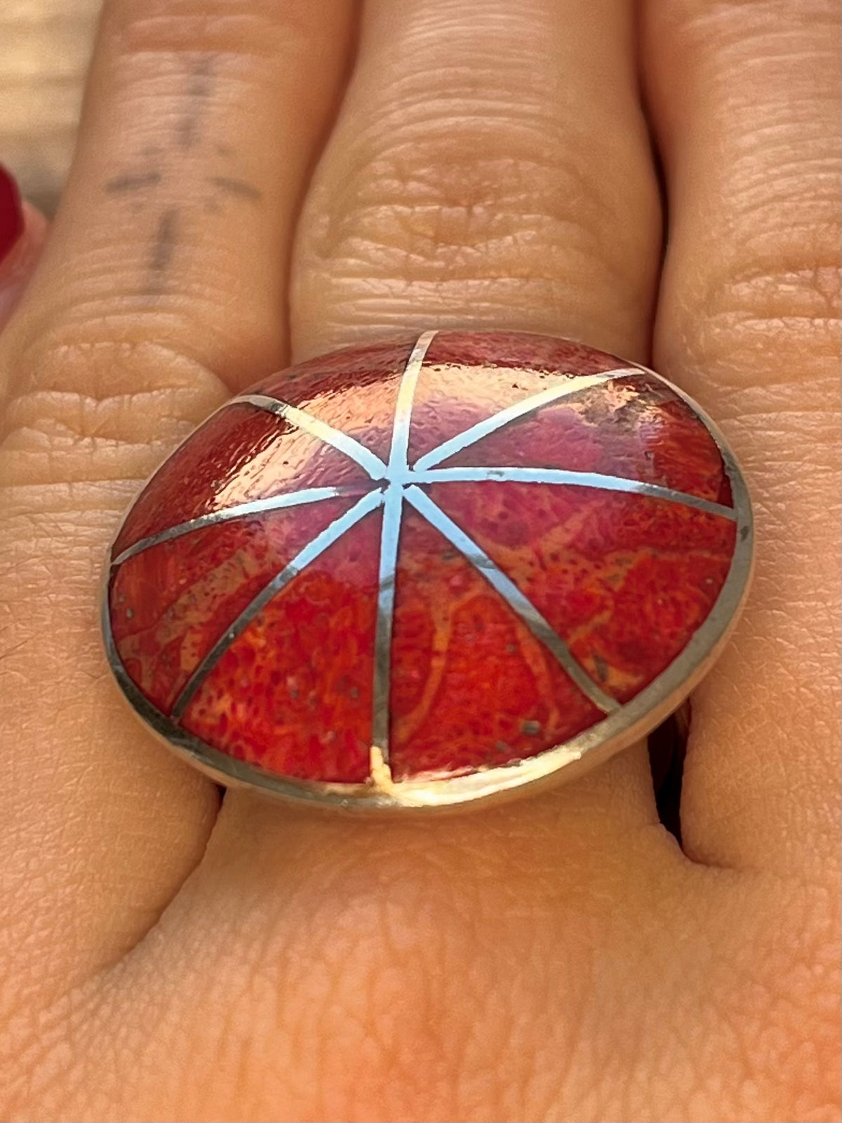 Circular Coral 925 Sterling Silver Size Q Adjustable Ring