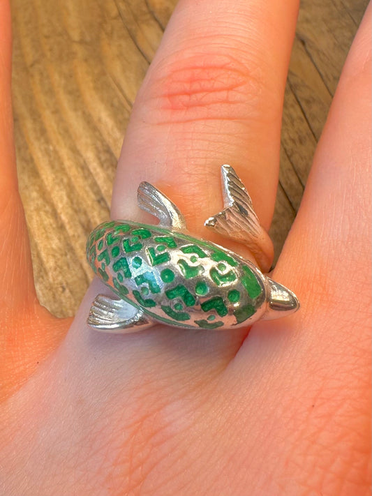Dolphin Green Enamel Wrap Around 925 Sterling Silver Size O1/2 Ring
