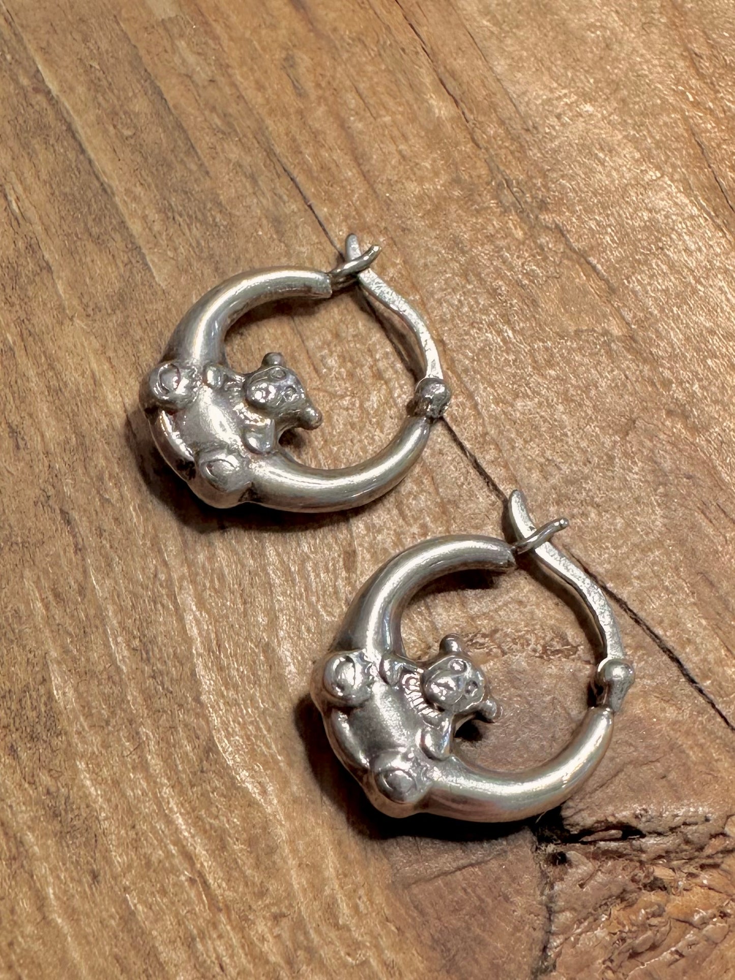 Vintage Teddy Bear Hoop 925 Silver Earrings