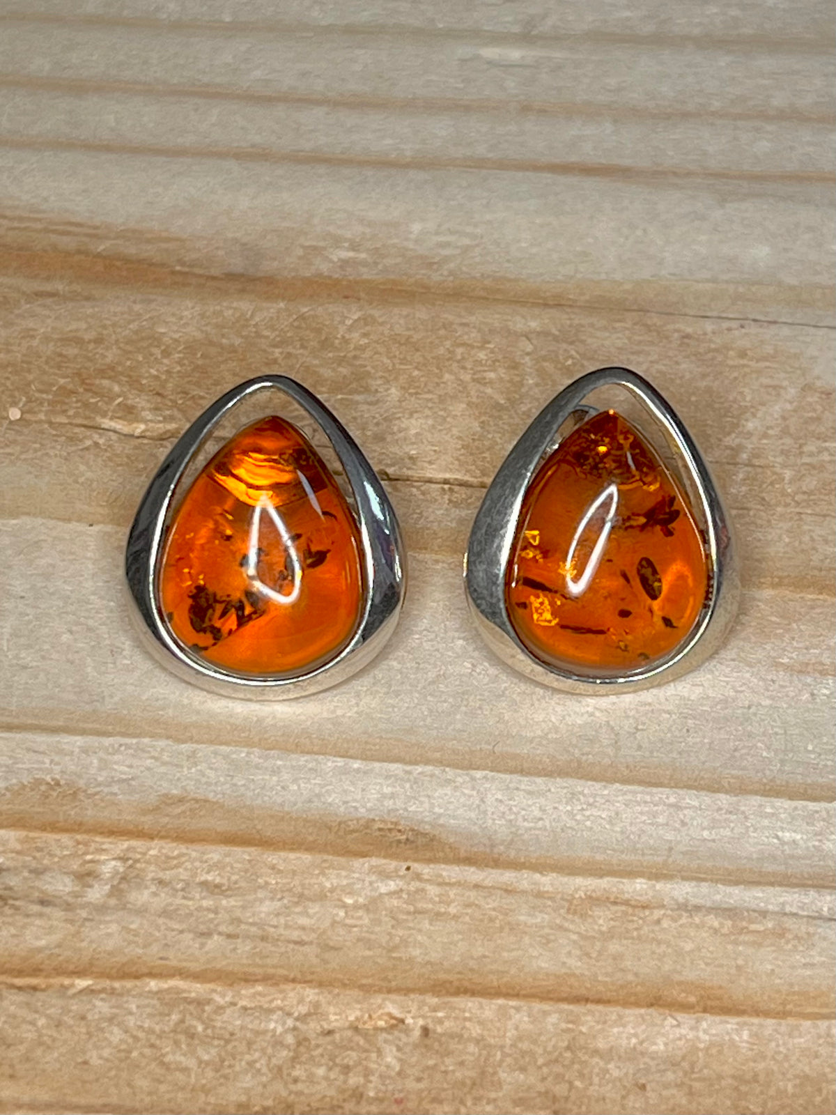 Tear Drop Shaped Amber 925 Sterling Silver Stud Earrings