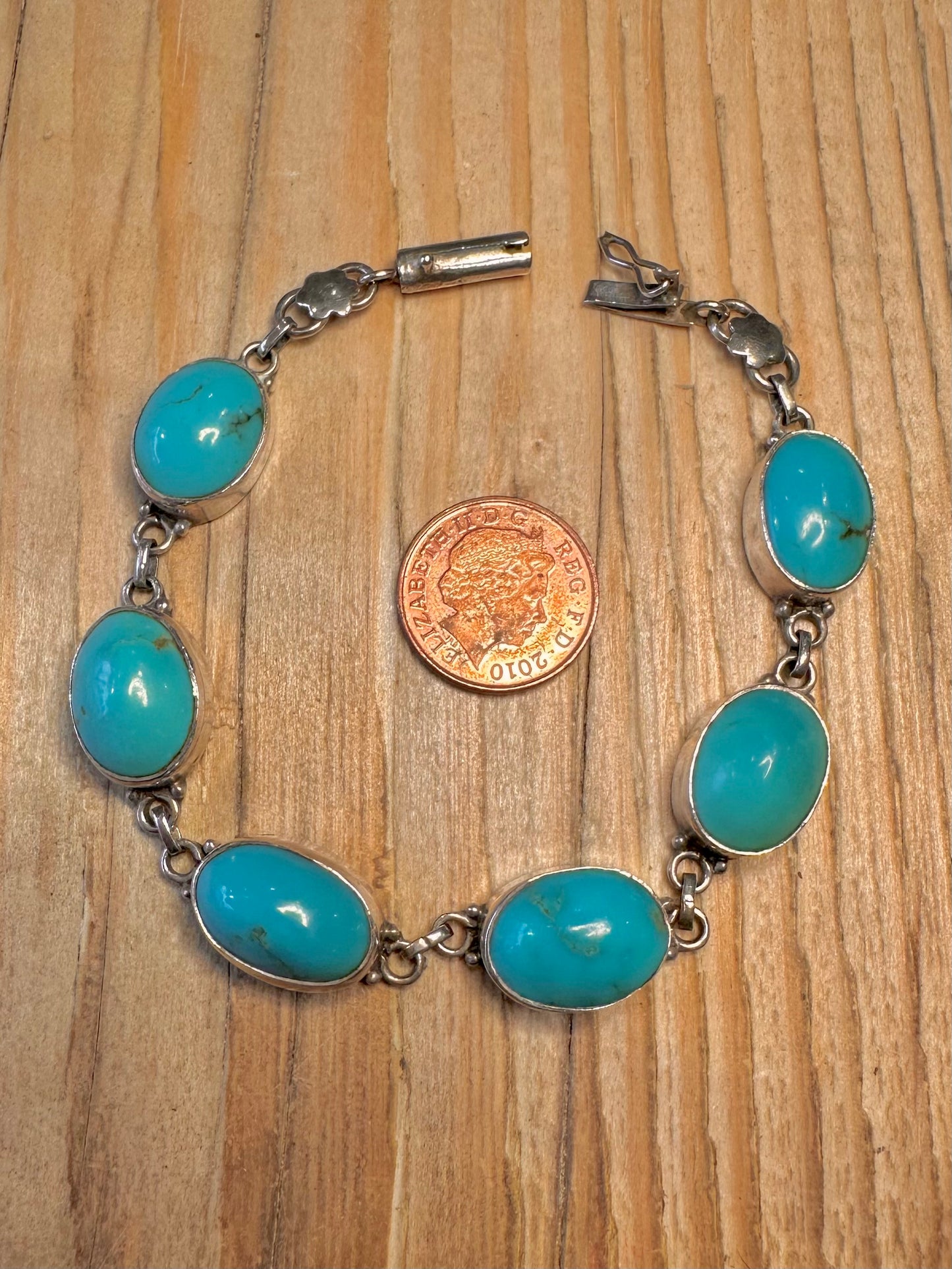 Vintage Turquoise Oval Link 925 Sterling Silver 8.5 Inch Bracelet