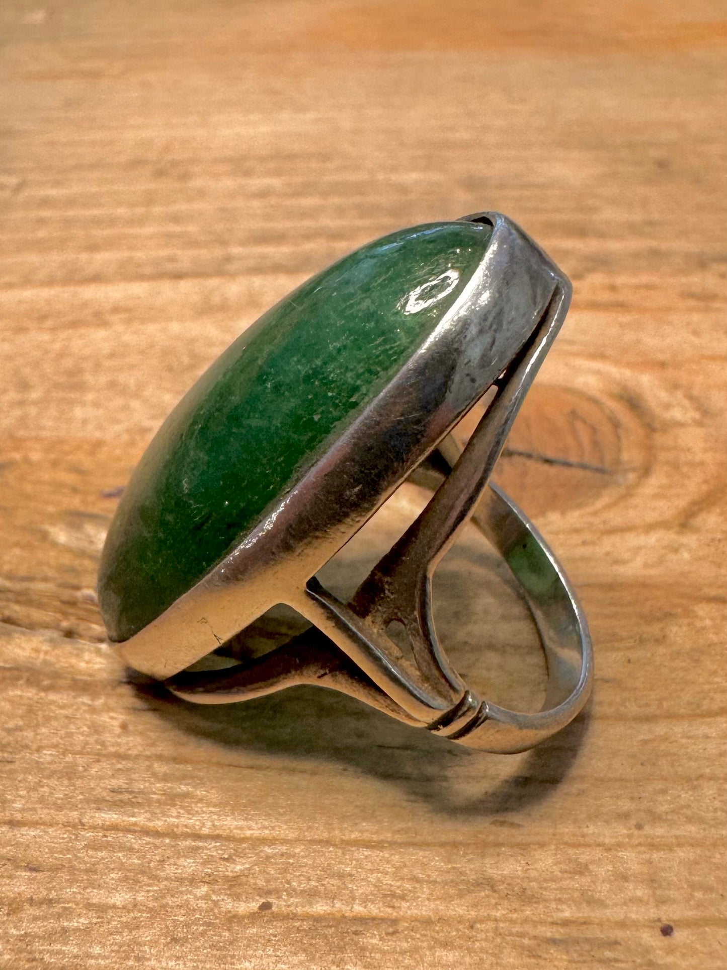 Vintage Elongated Green Stone 925 Silver Size N Ring