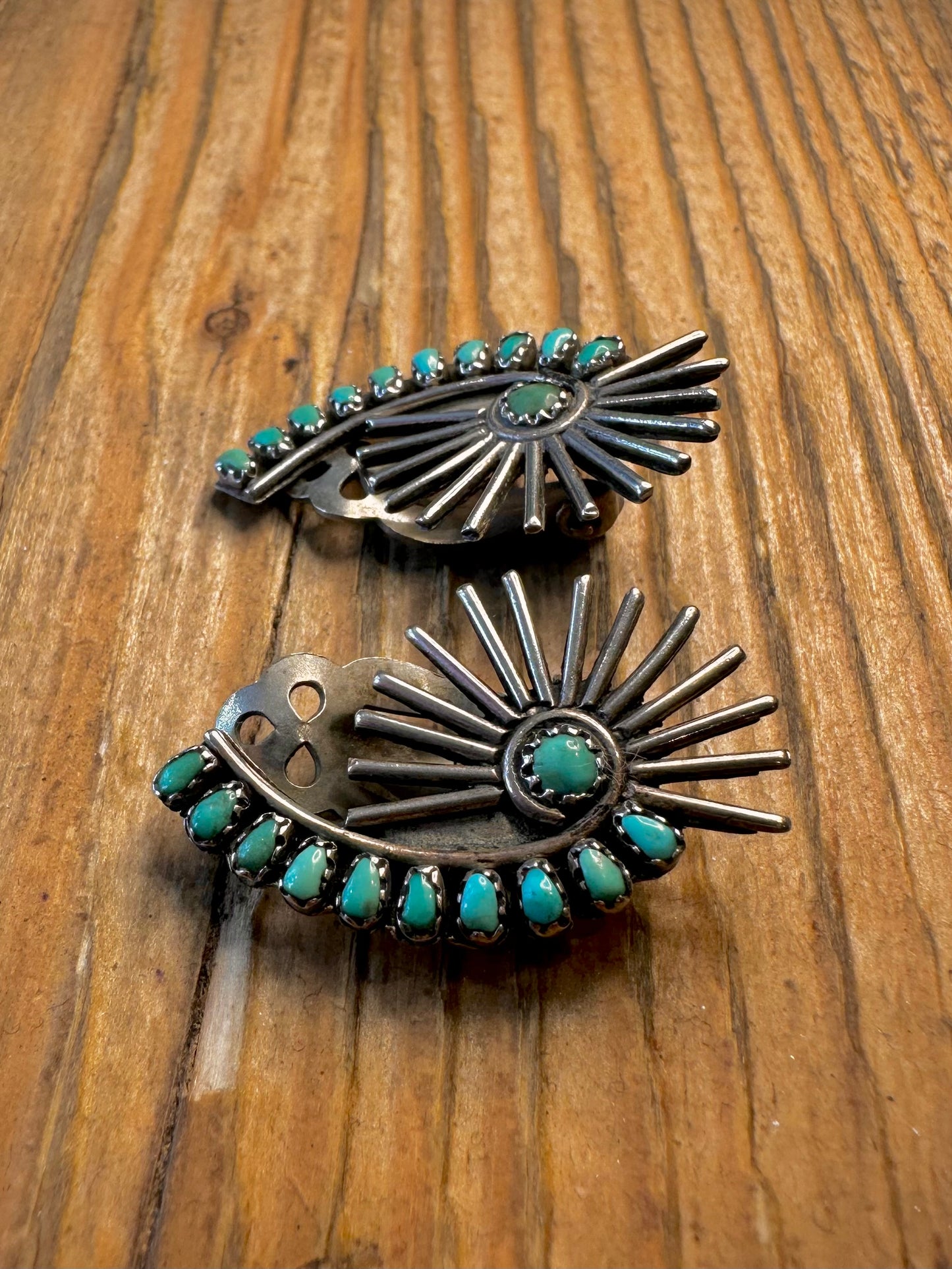 Native American Zuni 1960’s Turquoise Sunburst Clip On PAT 196452 Silver Earrings
