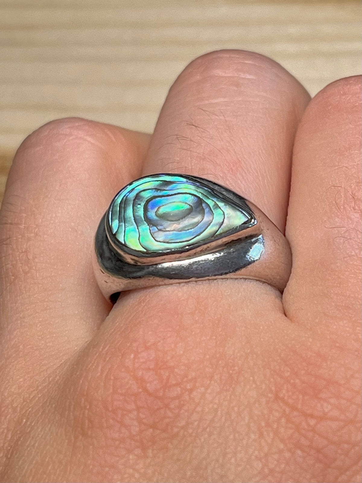 Modernist Abalone Tear Drop 925 Sterling Silver Size Q Ring