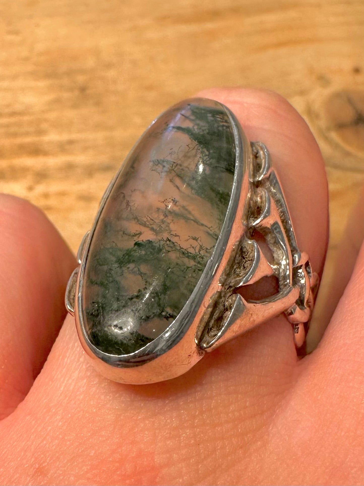 Vintage Moss Agate 925 Silver Size P1/2 Ring