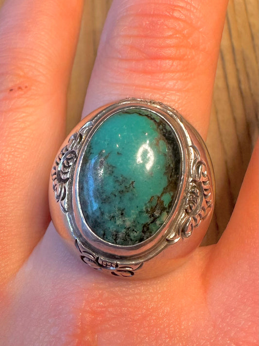 Vintage Large Turquoise Floral Textured EC Maker 925 Sterling Silver Size Z Ring