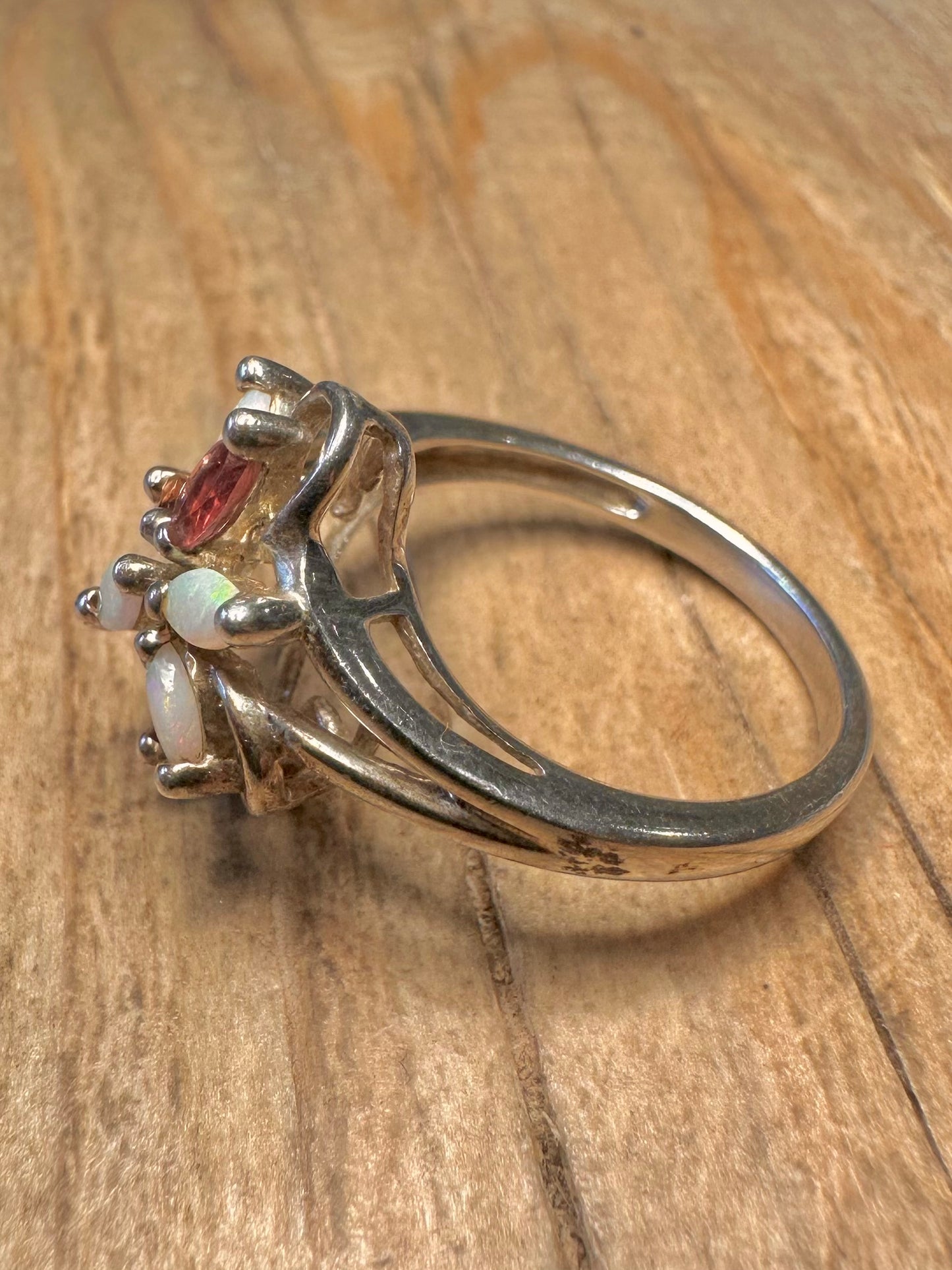 Vintage Opal and Pink Tourmaline 925 Sterling Silver Size T Ring