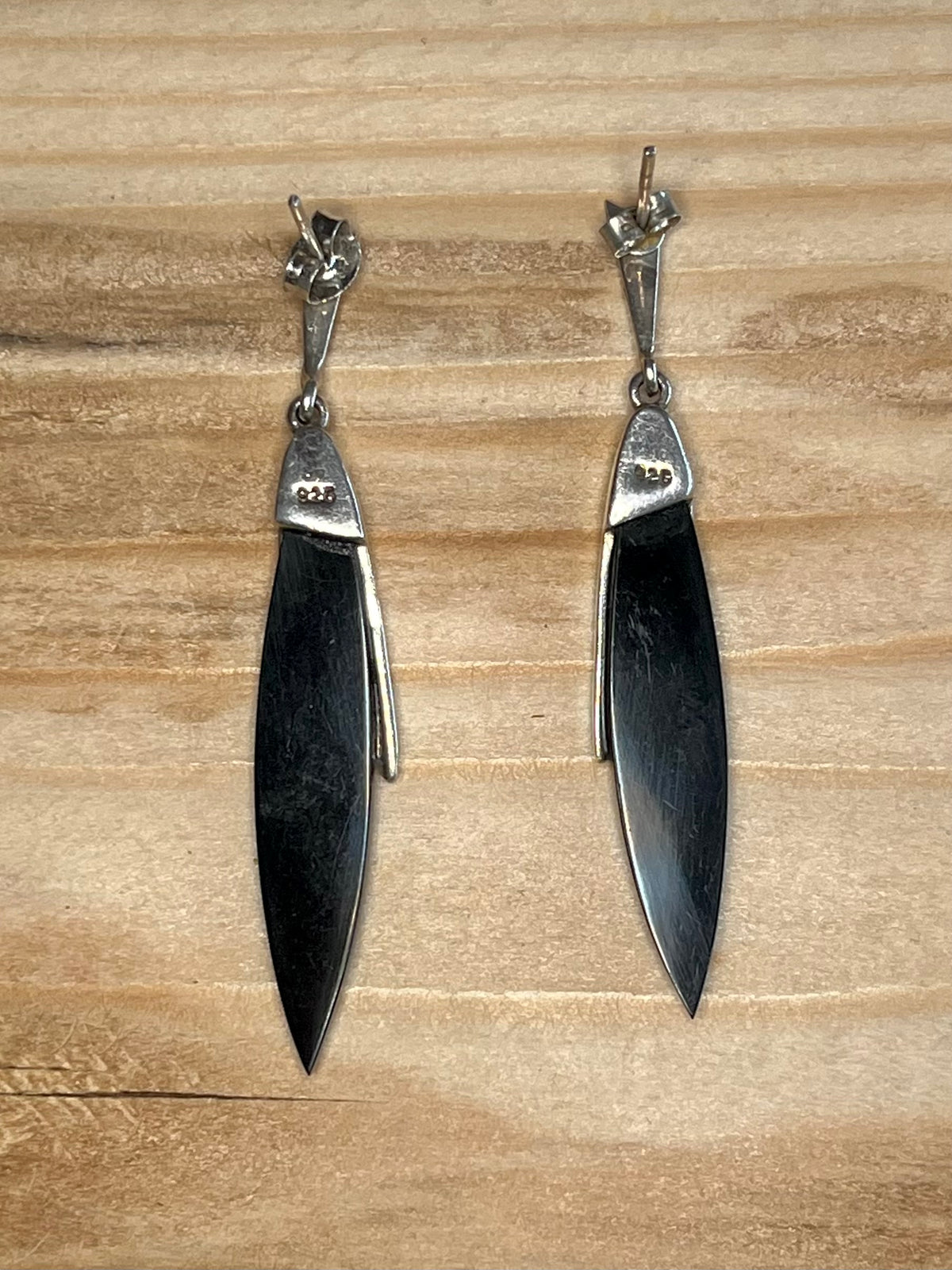 Elongated Black Onyx and Marcasite 925 Sterling Silver Drop Earrings