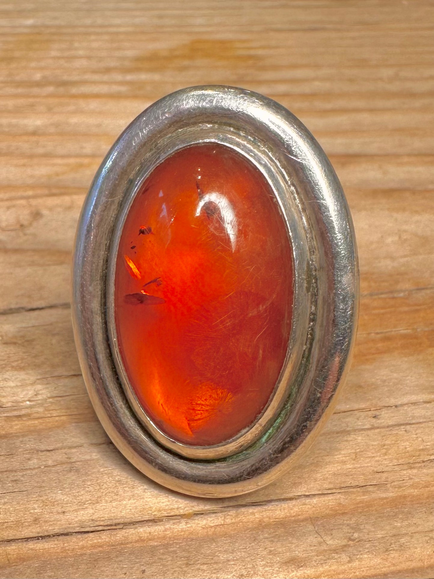 Vintage Large Oval Amber Polish 925 Sterling Silver Size N Ring