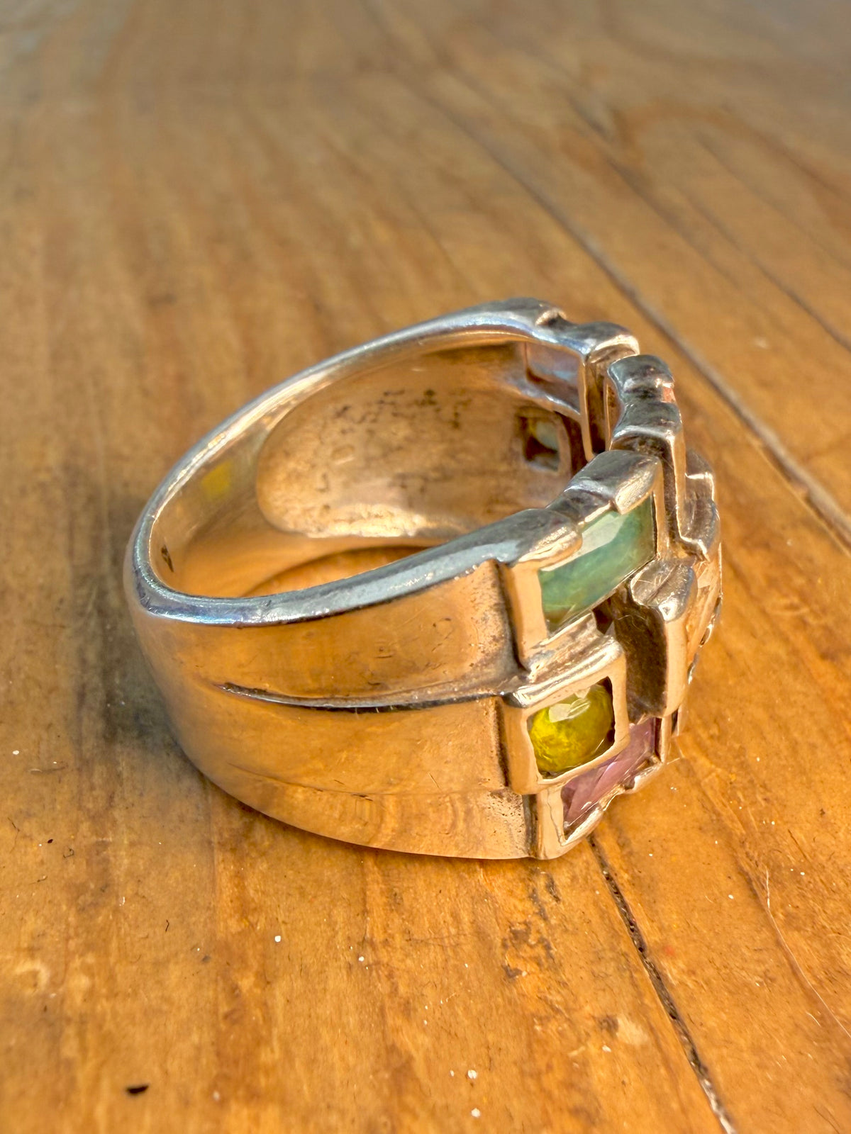 Chunky Multi Coloured Gemstone 925 Sterling Silver Size R Ring