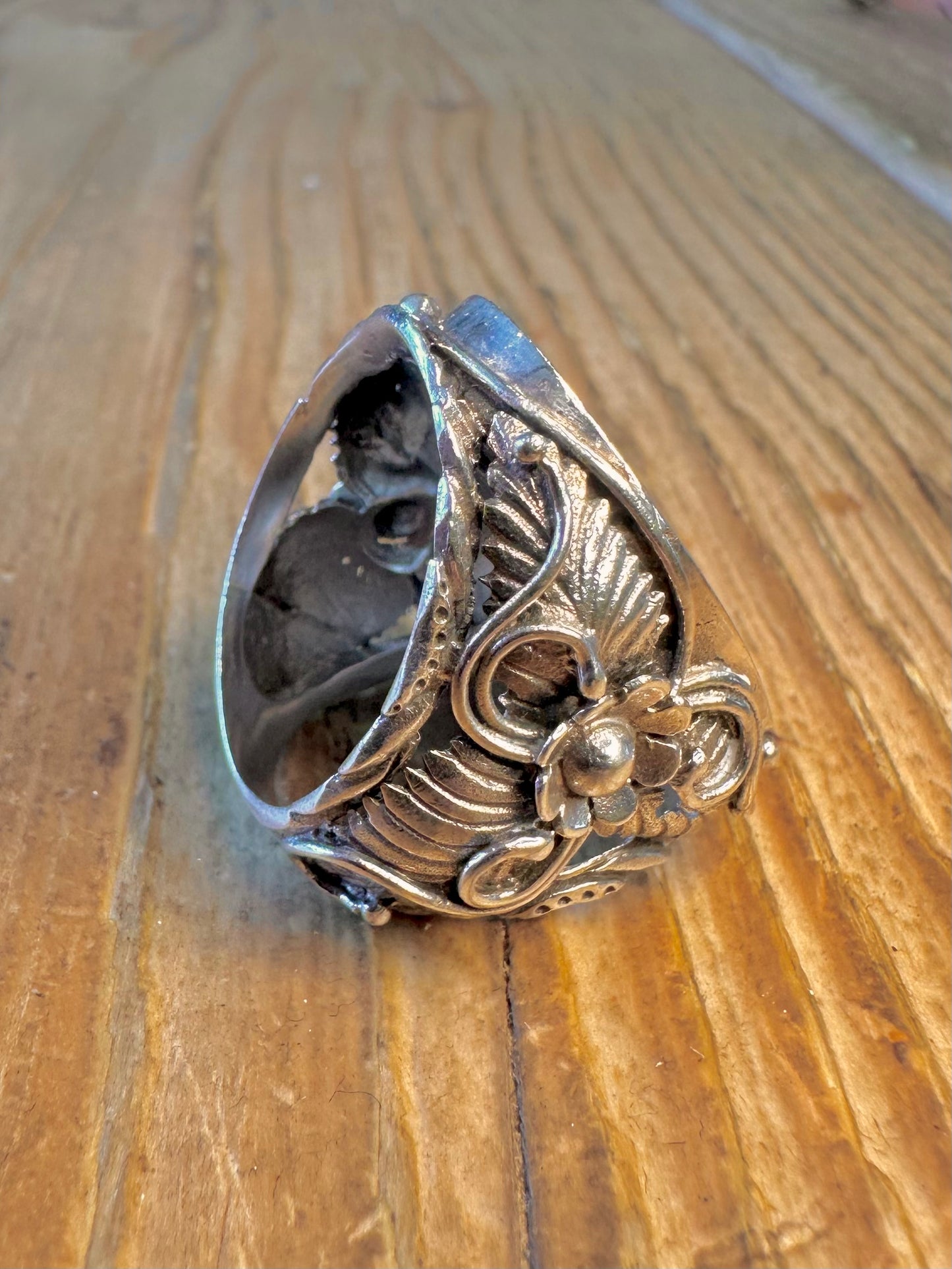 Large Abalone Floral Design and Swirls 925 Sterling Silver Size N Ring