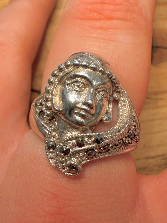 Vintage Lady Art Deco Style Marcasite 925 Silver Size S Ring