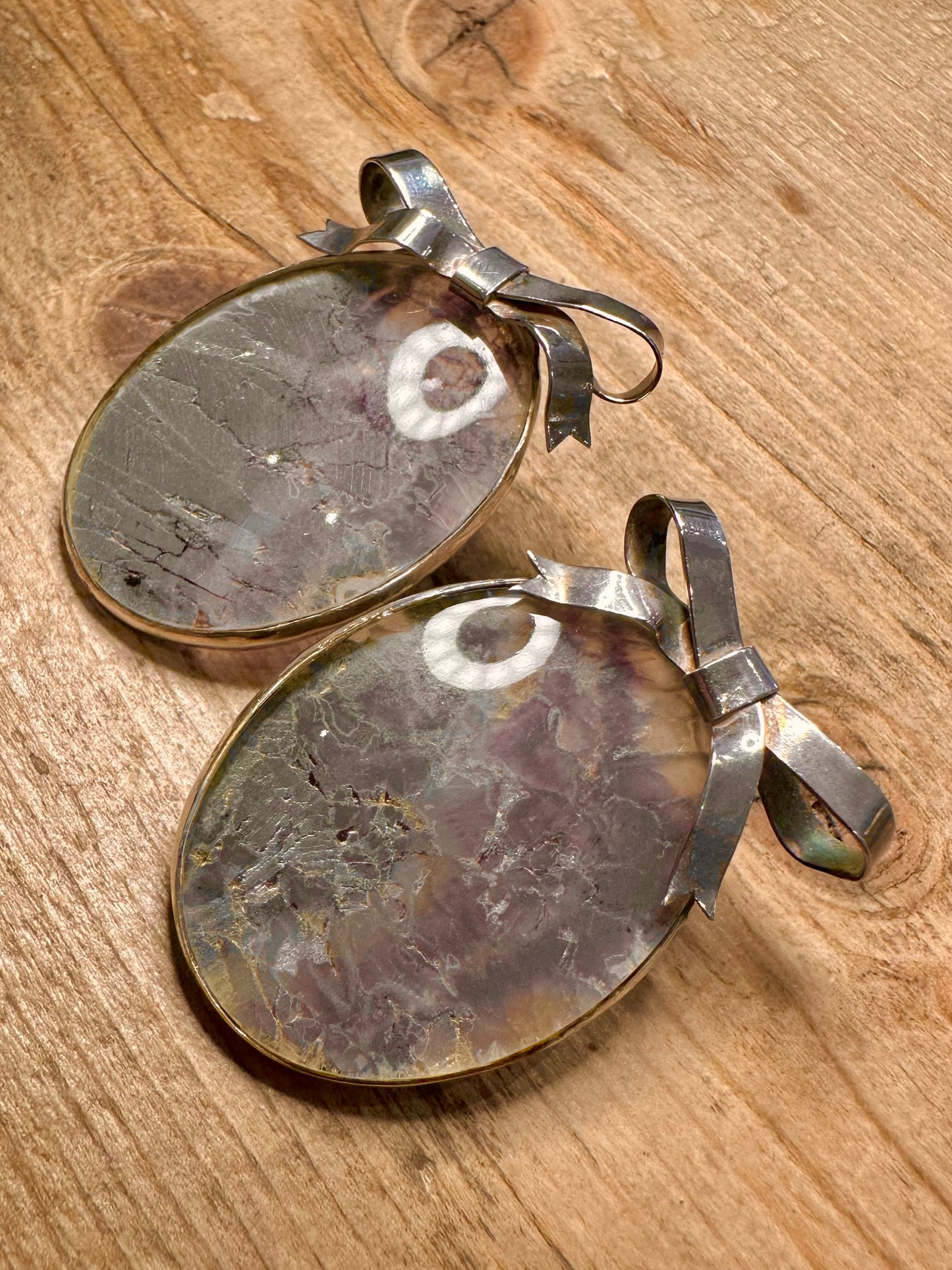 Vintage 1988 Fluorite/Blue John Oval Bow 925 Silver Earrings
