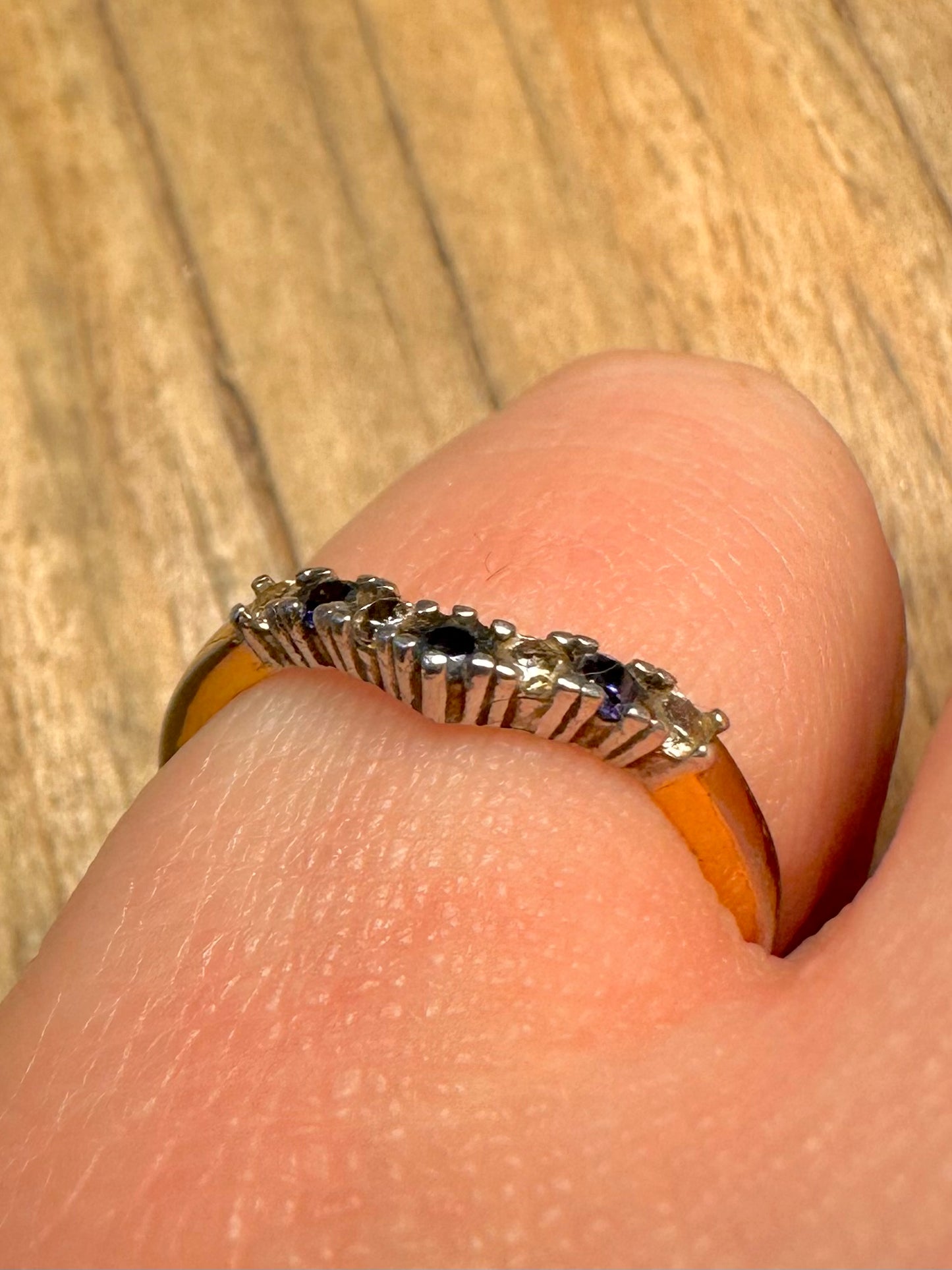 Vintage Wishbone White and Blue Stone Gold on 925 Sterling Silver Size M Ring