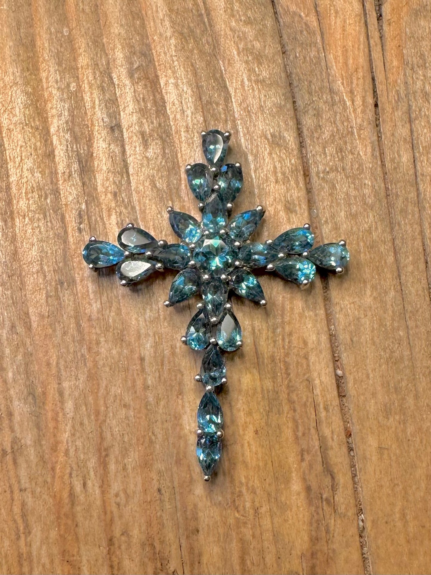 Vintage Blautopas Kreuz 925 Sterling Silber Anhänger