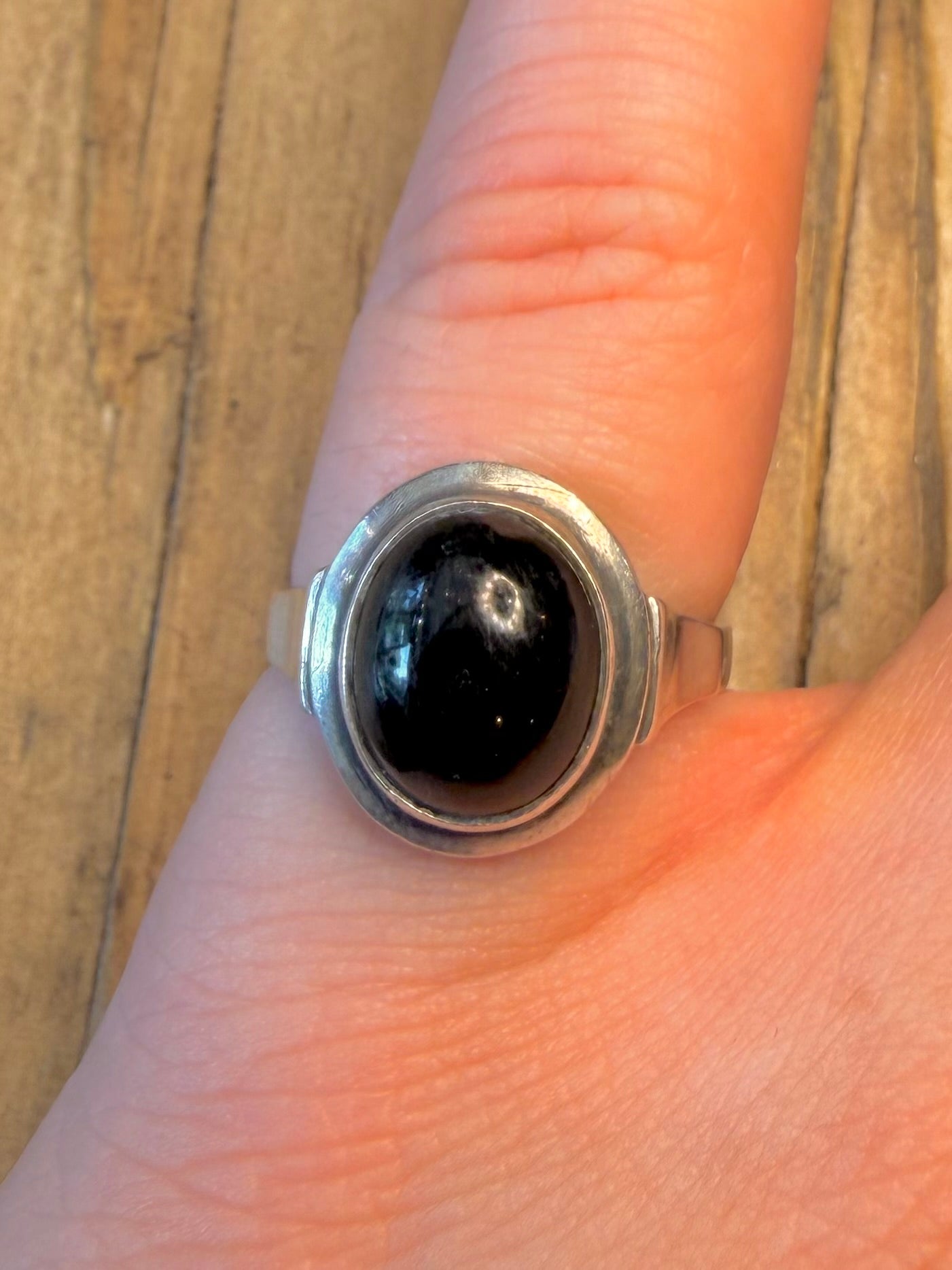 Black Oval Stone 925 Sterling Silver Size N Ring