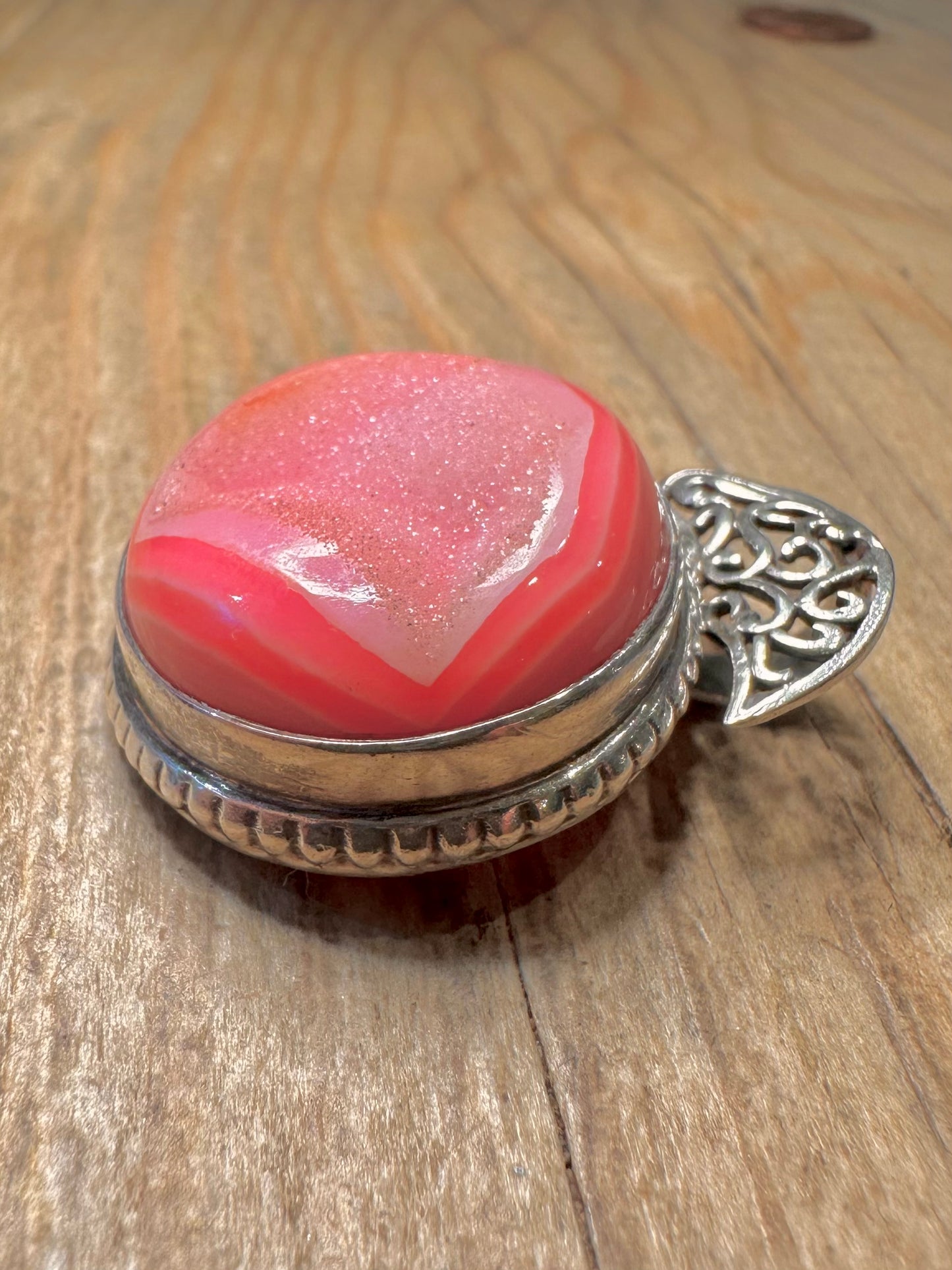 Abstract Pink Druzy Wavy 925 Sterling Silver Pendant