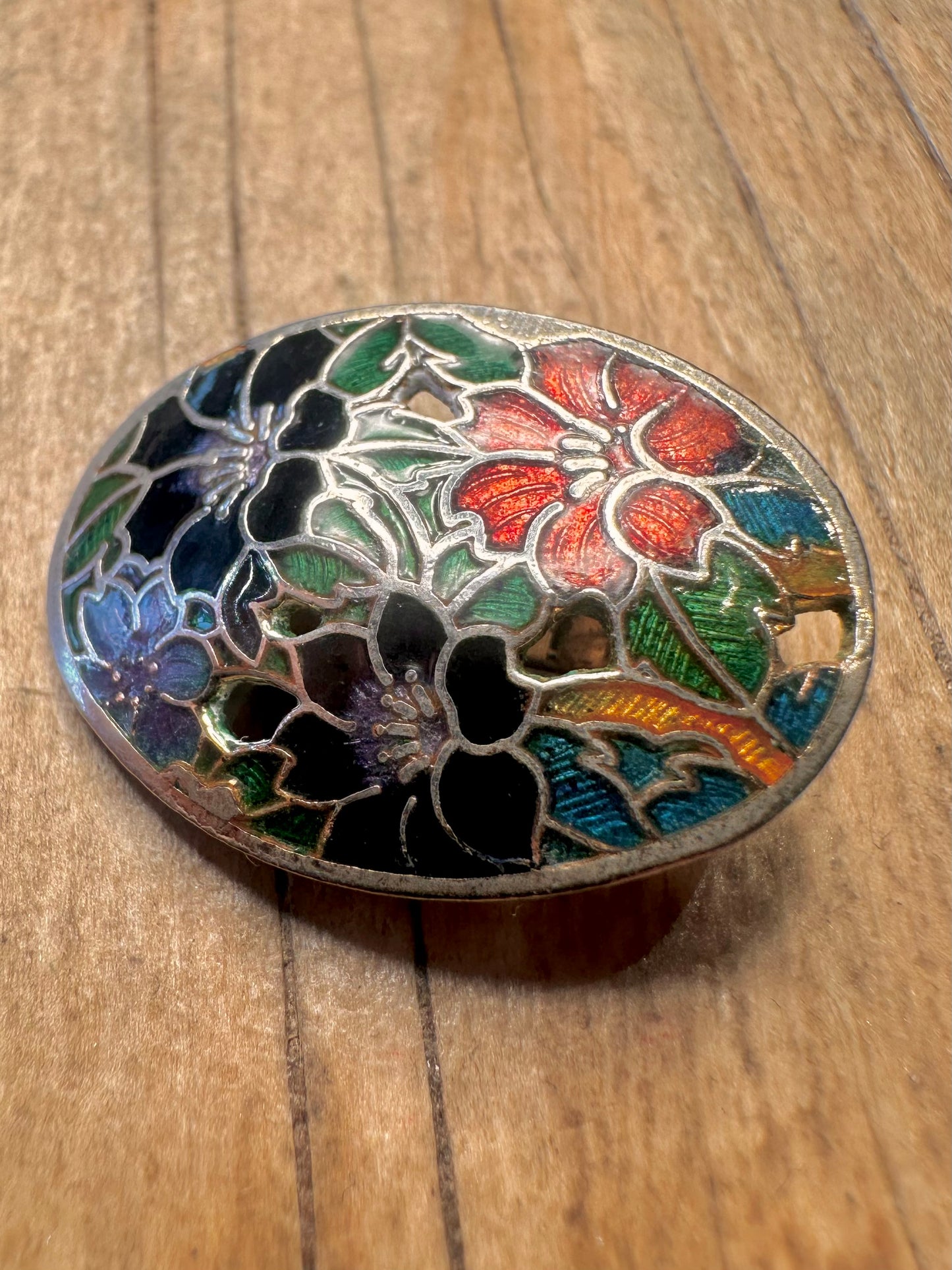 Vintage Cloisonné Enamel Floral Silver Tone Clip On Costume Earrings