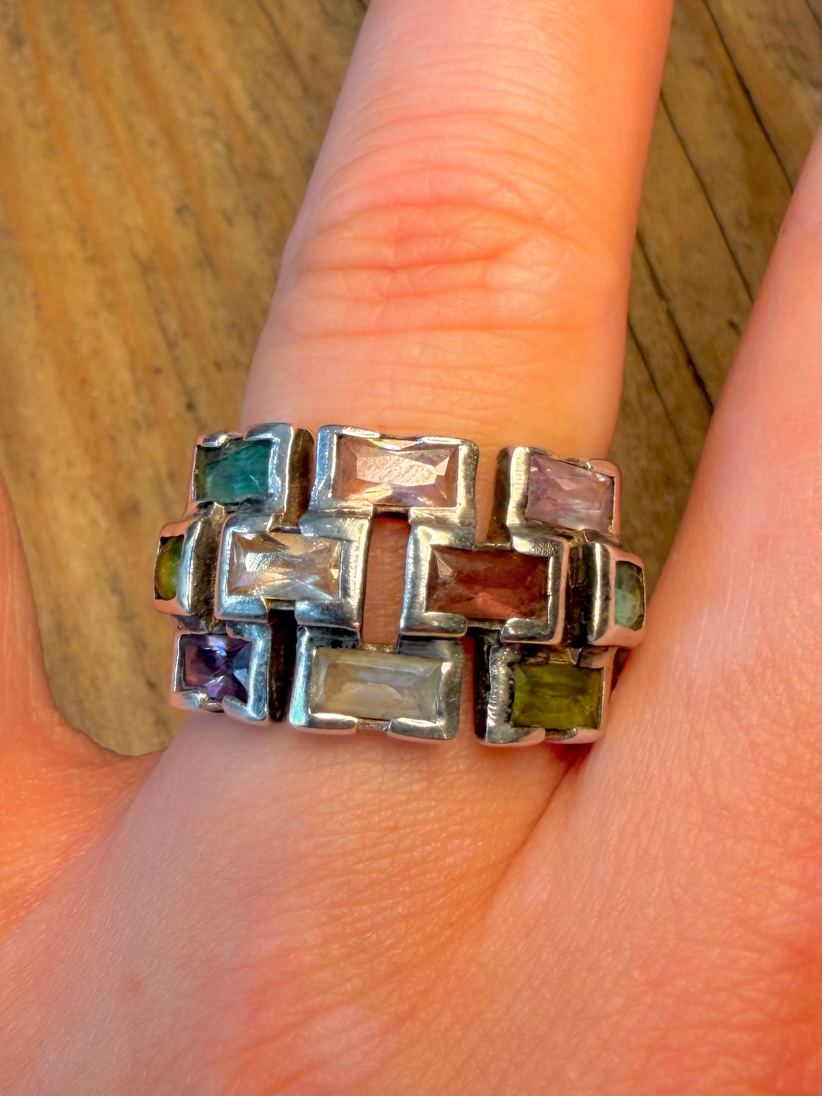 Chunky Multi Coloured Gemstone 925 Sterling Silver Size R Ring