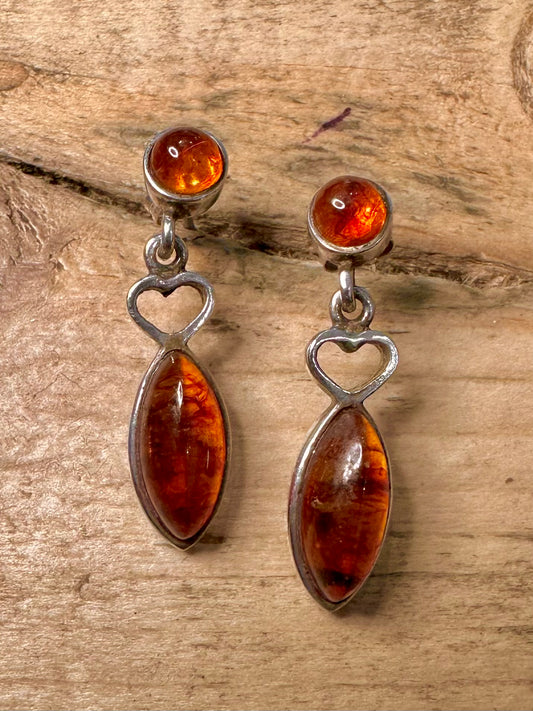 Vintage Amber Dangle 925 Silver Earrings