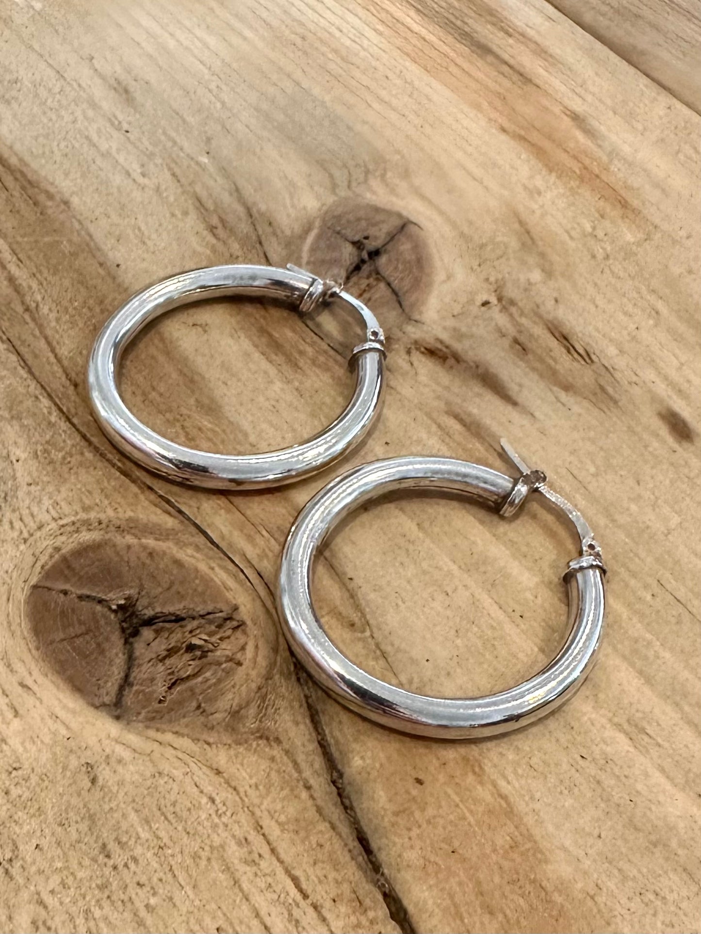 Vintage Thick Rounded Oval 925 Silver Hoop Earrings