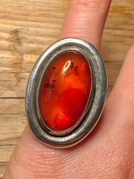 Vintage Large Oval Amber Polish 925 Sterling Silver Size N Ring