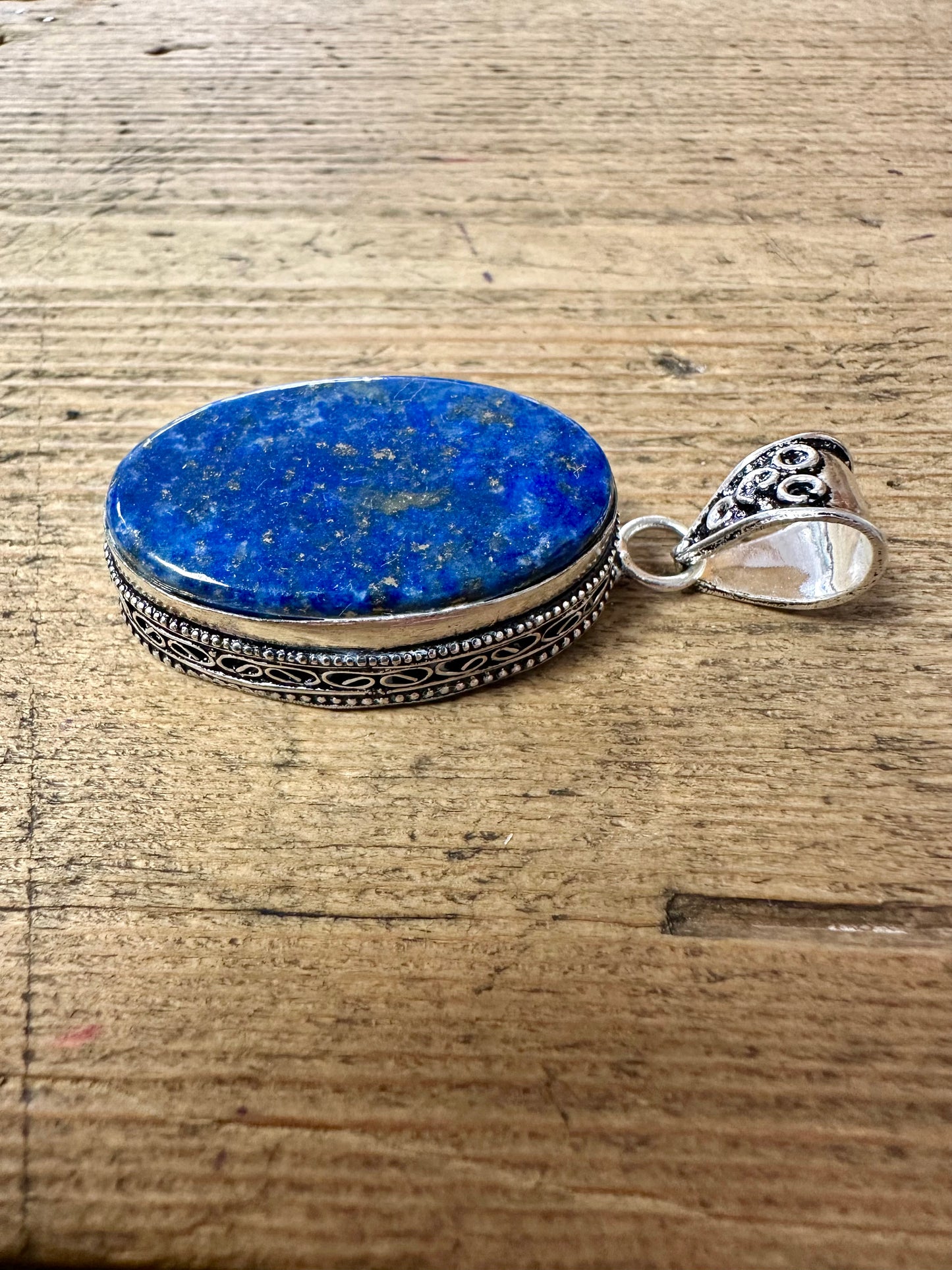 Vintage Large Oval Lapis Tribal 925 Silver Pendant