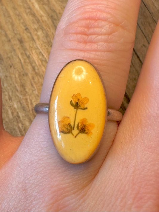 Yellow Oval Flower Painted Silver Size Q1/2 Ring
