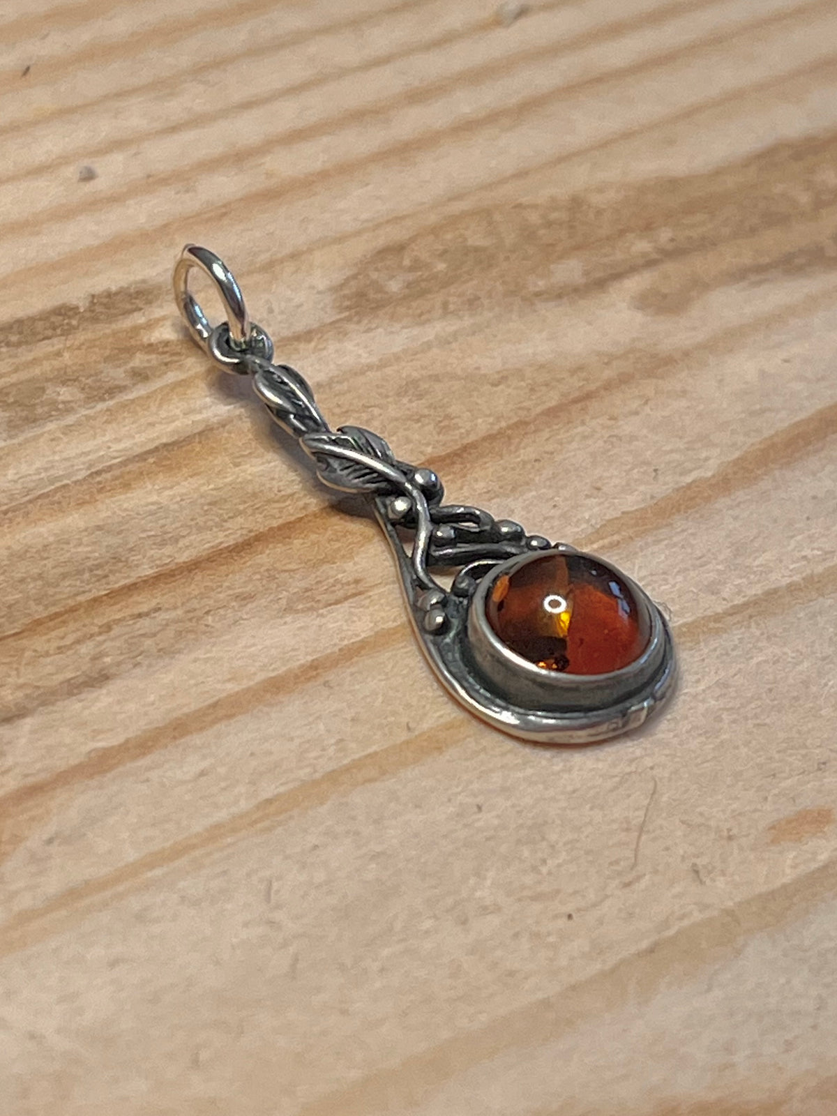 Amber Long Leaf 925 Sterling Silver Pendant