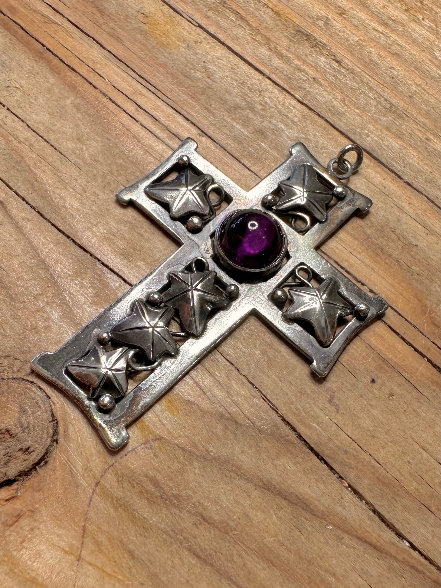 Vintage Amethyst Blatt-Design Kreuz 925 Sterlingsilber Anhänger
