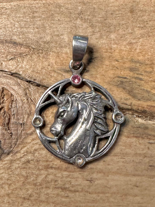 Vintage Unicorn Pink Stone 925 Silver Pendant