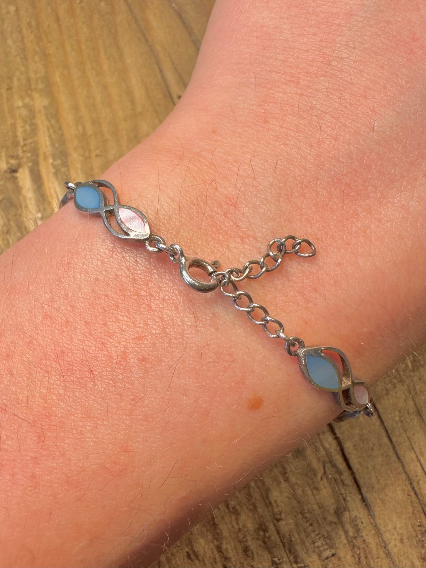 Blau Rosa Perlmutt 925er Sterlingsilber 7 bis 8.1 Armband